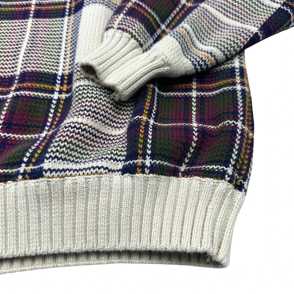 VTG Tommy Hilfiger Plaid Crew Neck Chunky Sweater Cotton Mens‎ M Burgundy Navy